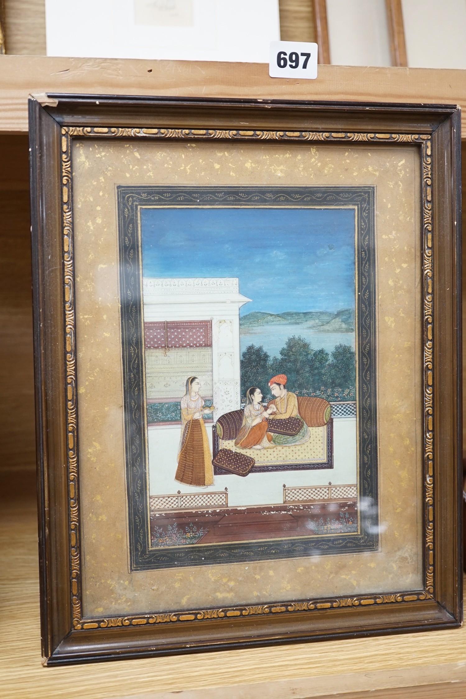 Persian School, gouache on paper, Lovers on a terrace at night, 20 x 13cm
